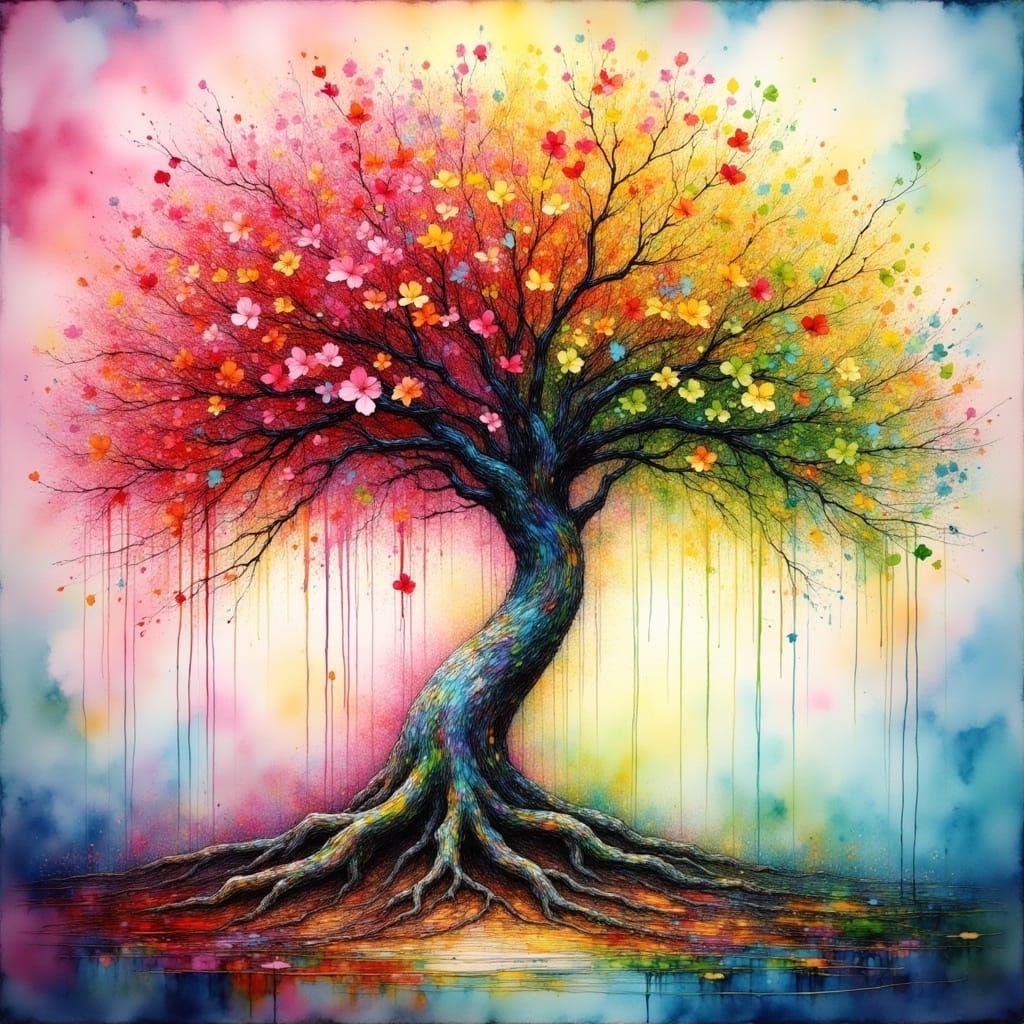 Spring and Autumn Tree in Vibrant Hyperdetailed Post-Impress...