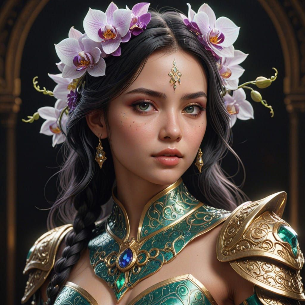 Mystical Orchid Warrior in Art Nouveau Style