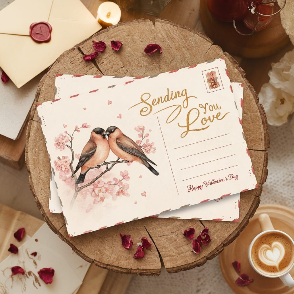 Vintage Valentine's Day Postcard on Rustic Table