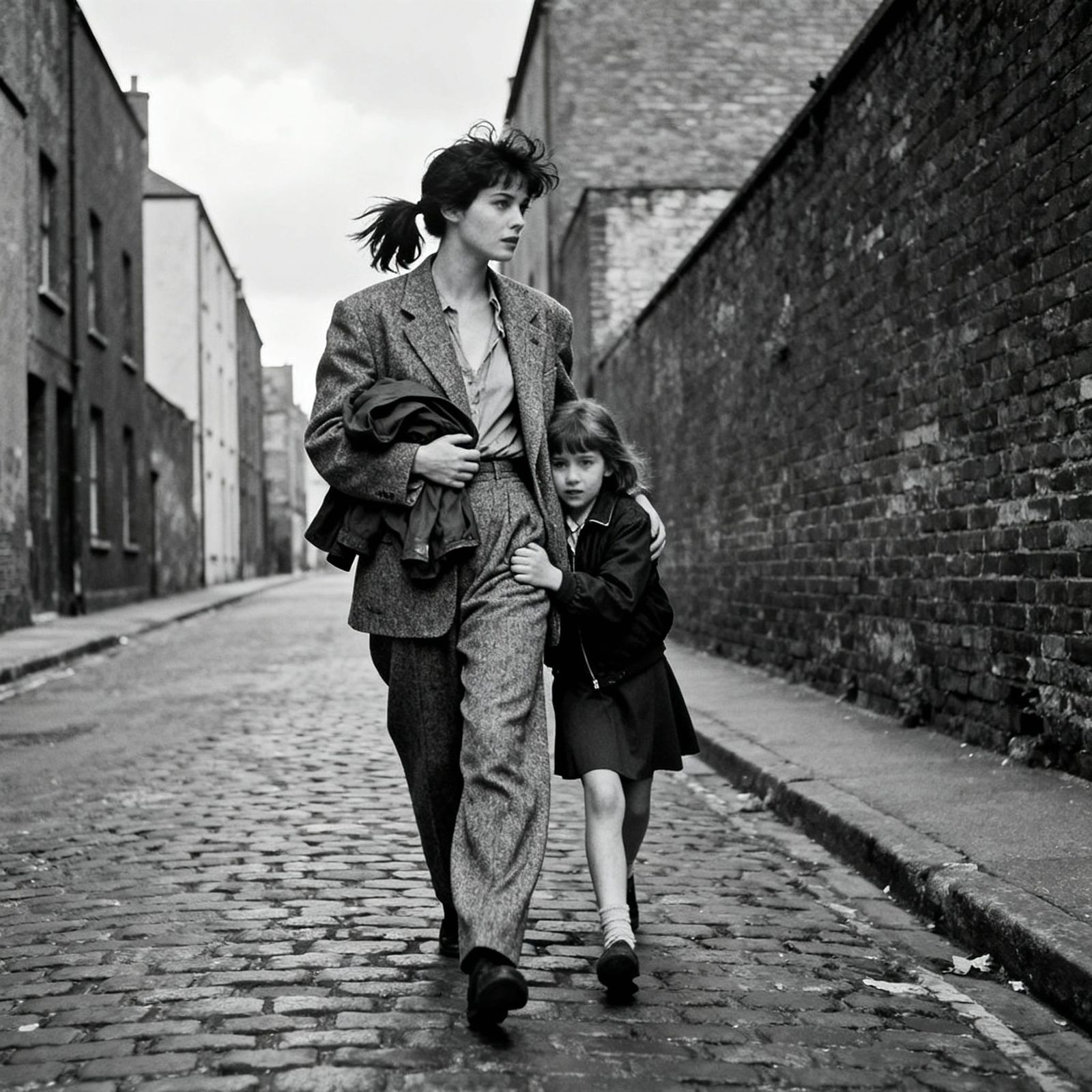 Woman Protecting Girl in 1950s Irish Backstreet