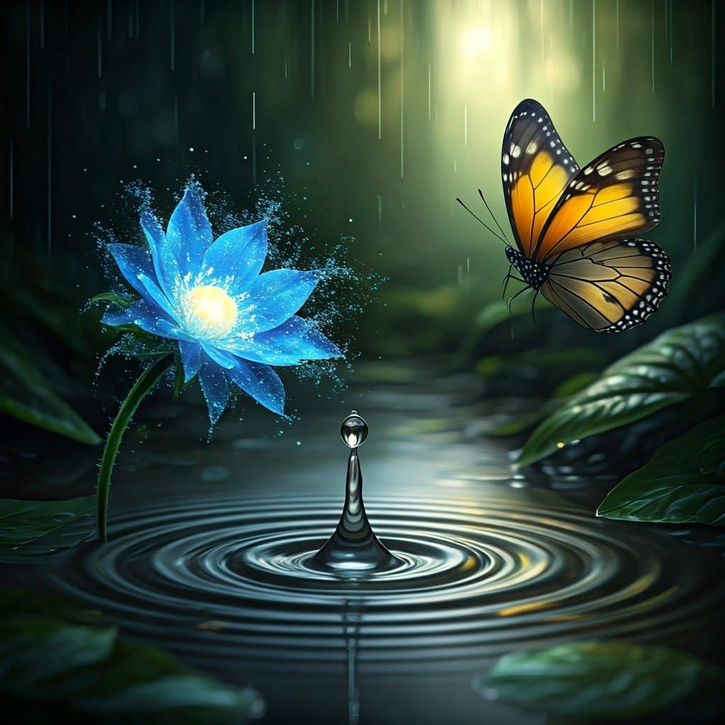 Glowing Flower Blooms from Raindrop: Macro Photography