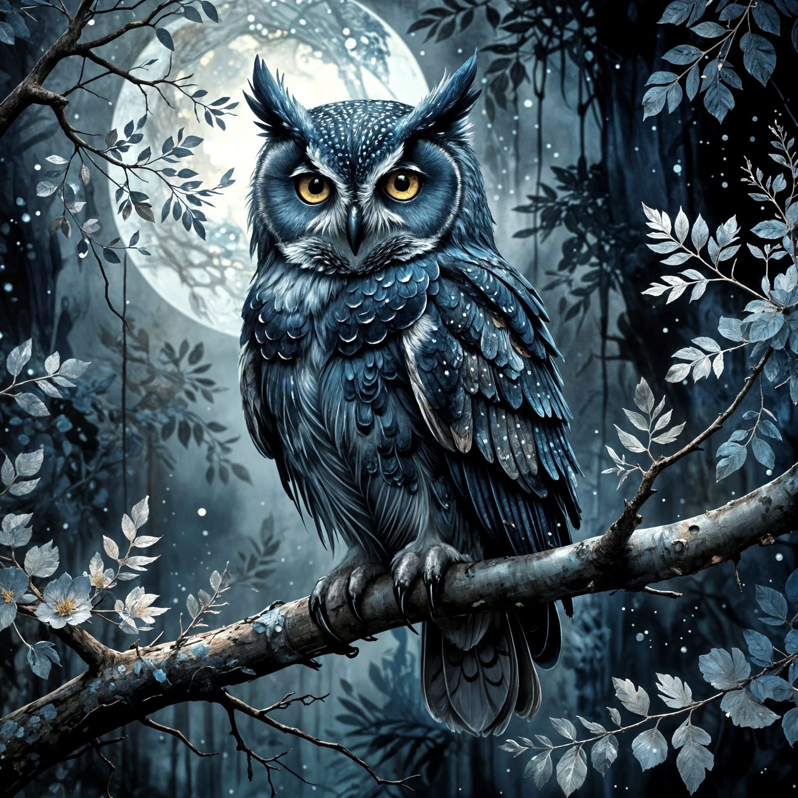 Regal Blue Owl Illustration in Watercolor Style
