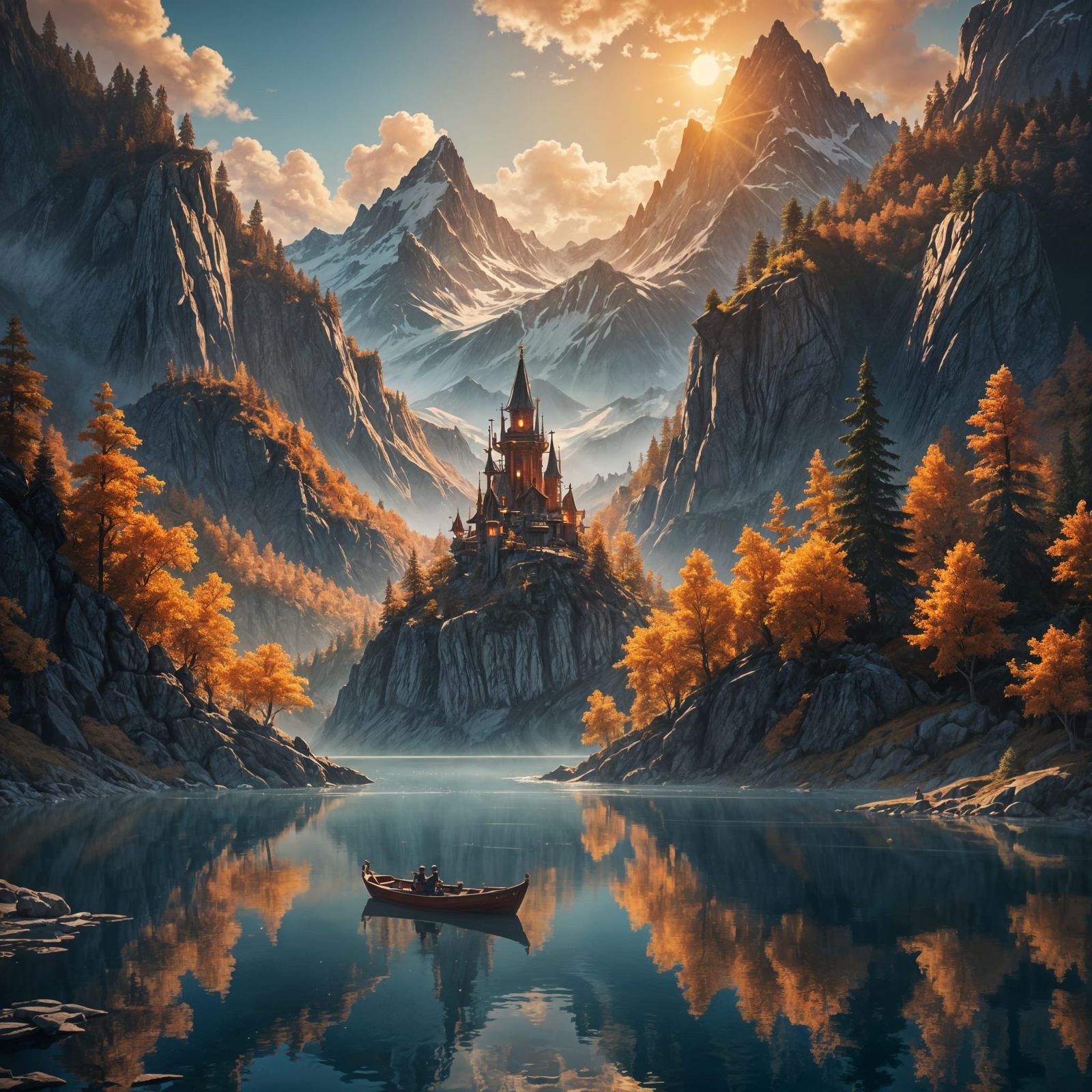 Fantastical Boat on Mountain Lake: Detailed Matte Painting