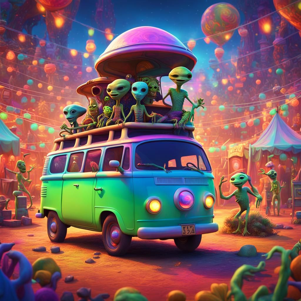 Aliens at Music Festival in Hippy Van