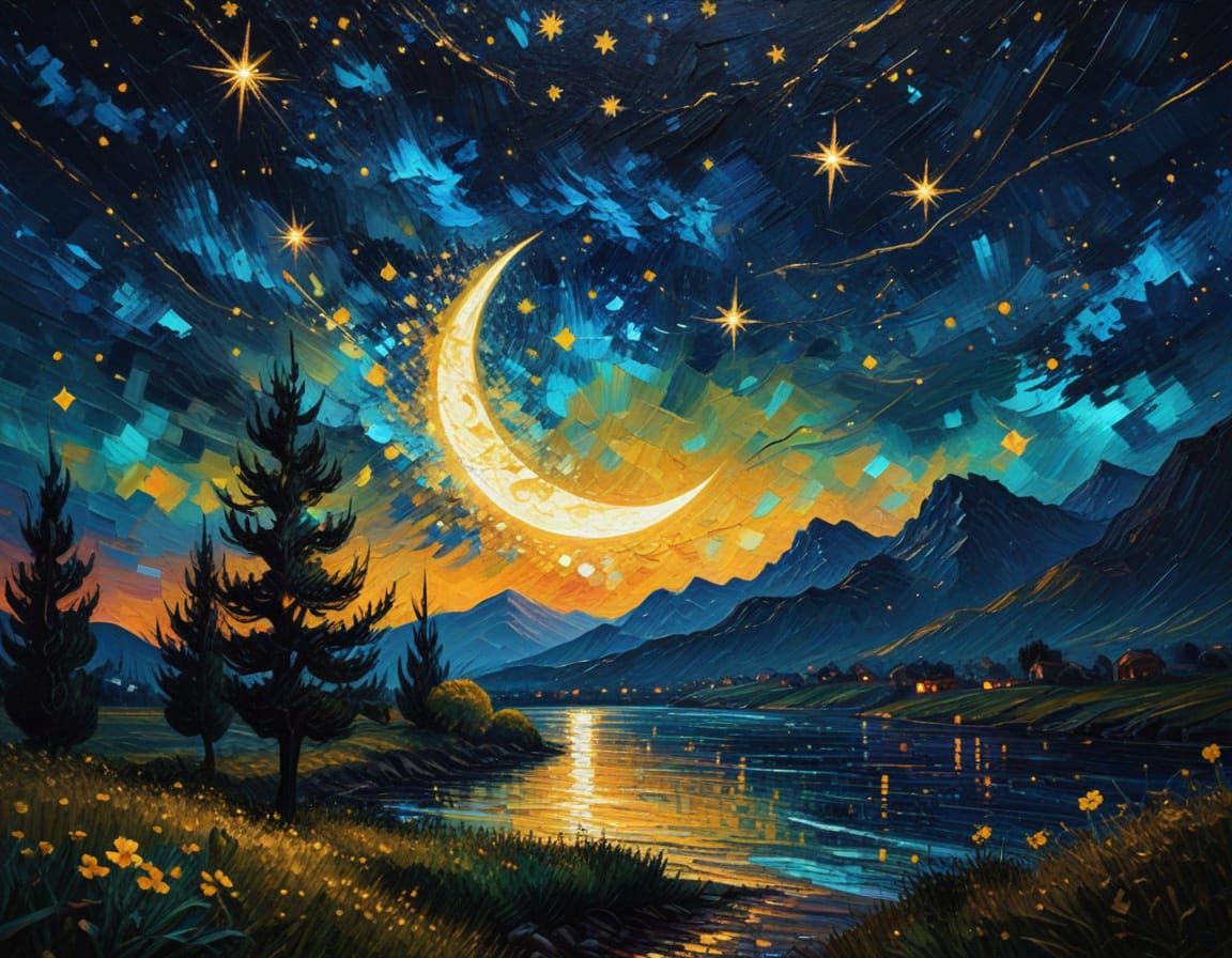 Starry Night with Crescent Moon as Impressionist Painting