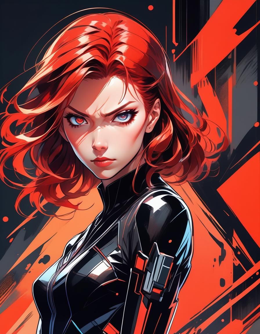 Black Widow Anime Portrait in Vibrant Comic Style