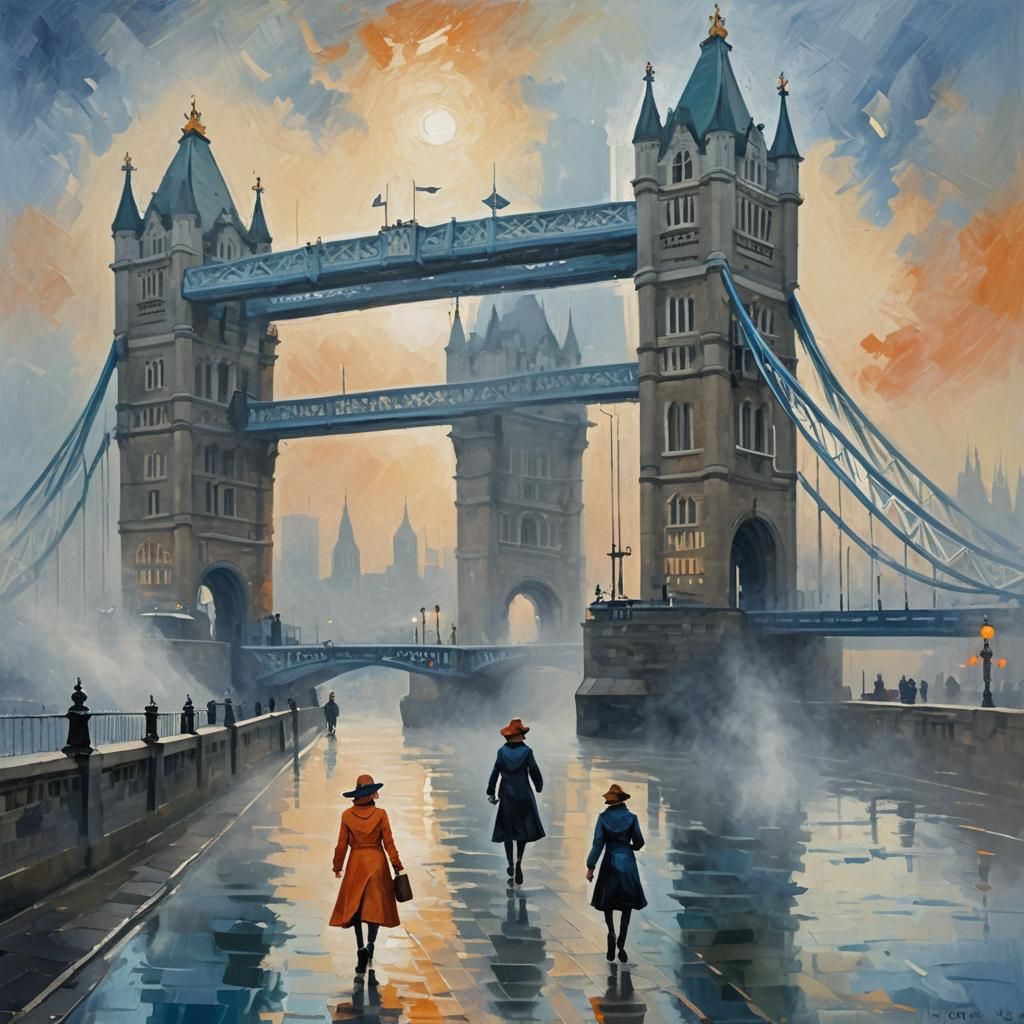 Woman Walks Near Tower Bridge in Expressionist Style