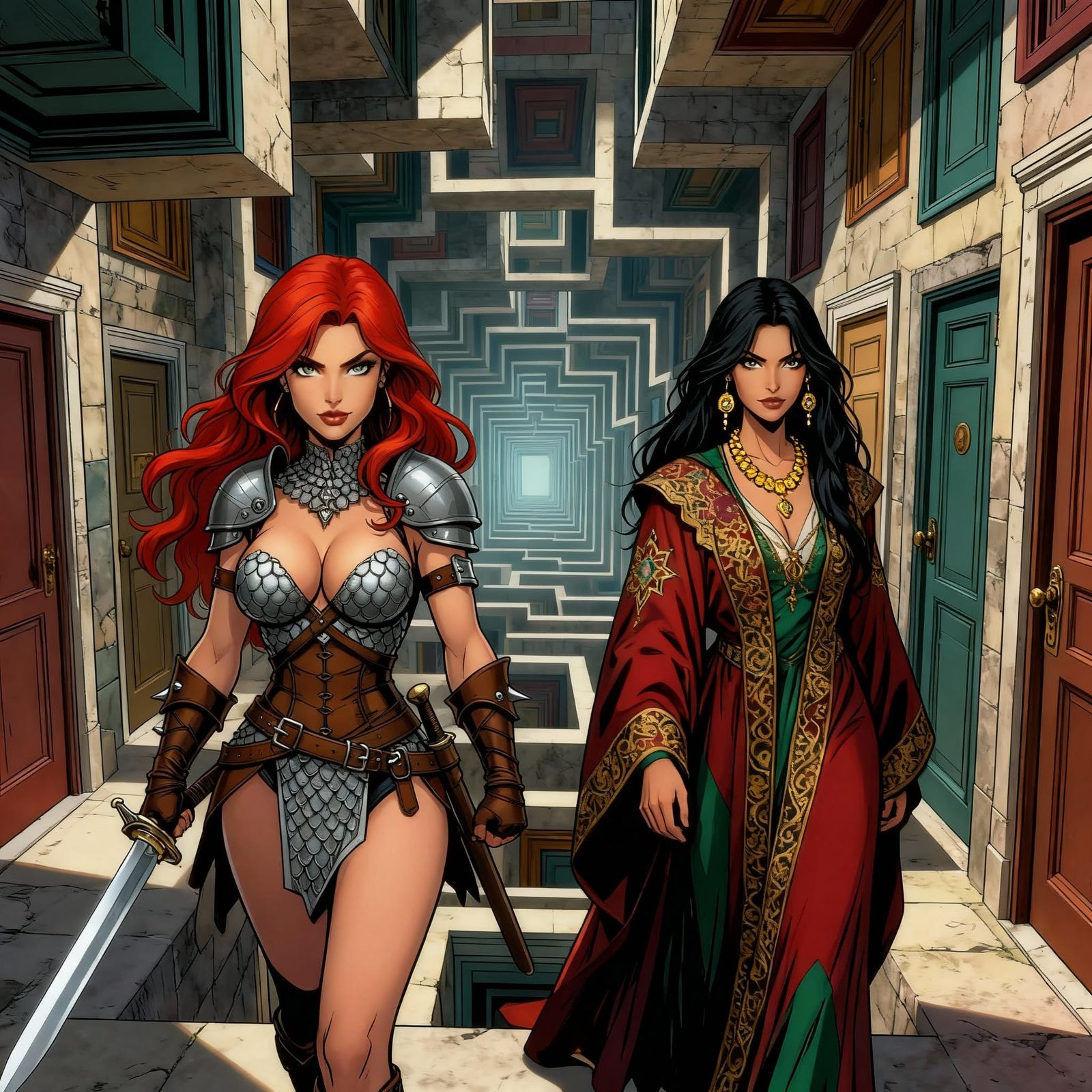 Red Sonja and Wizardess Save World in Escher-Style City