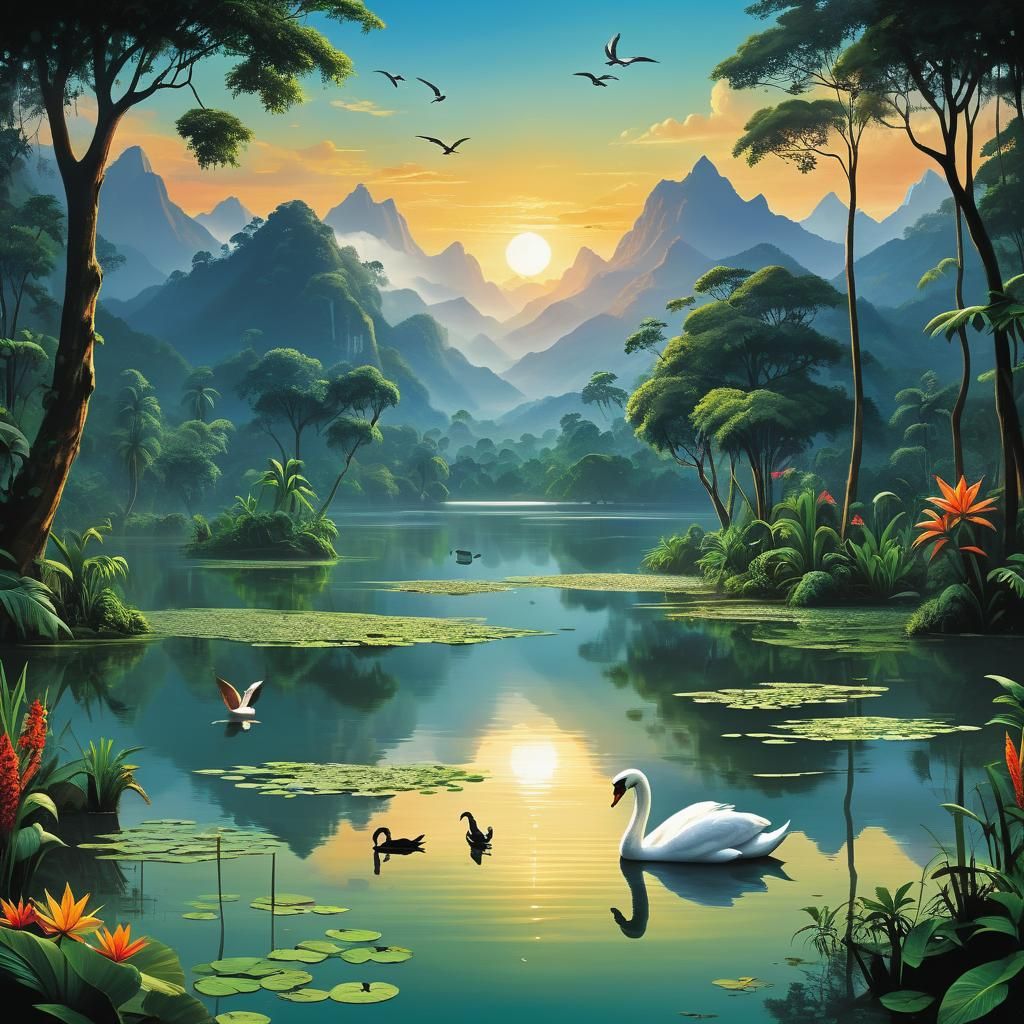 A sacred swan in crystal clear lake waters against a backdro...