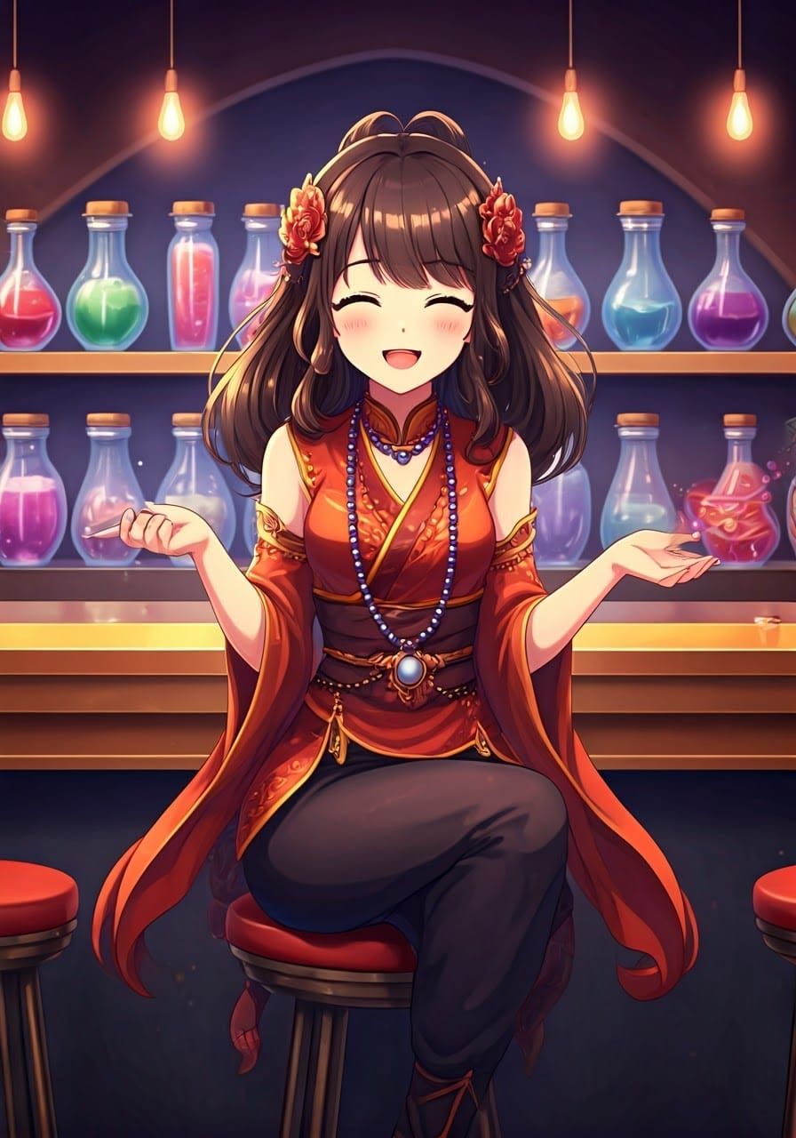 Anime Woman at Enchanted Soda Fountain