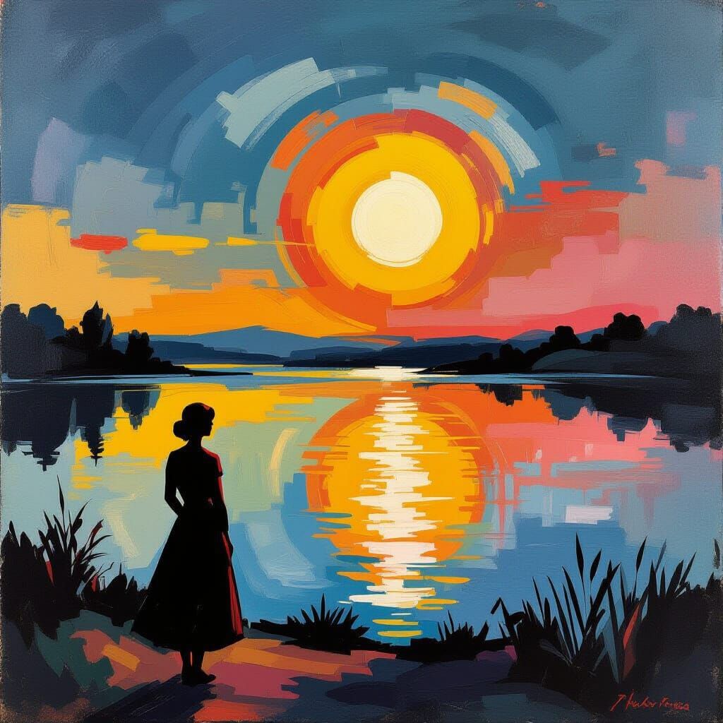 Woman by Lake as Day Turns to Night