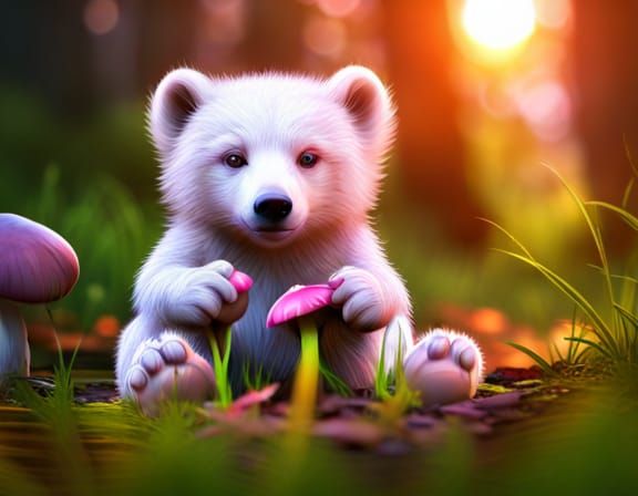 Cute White Bear in Dark Forest at Sunset