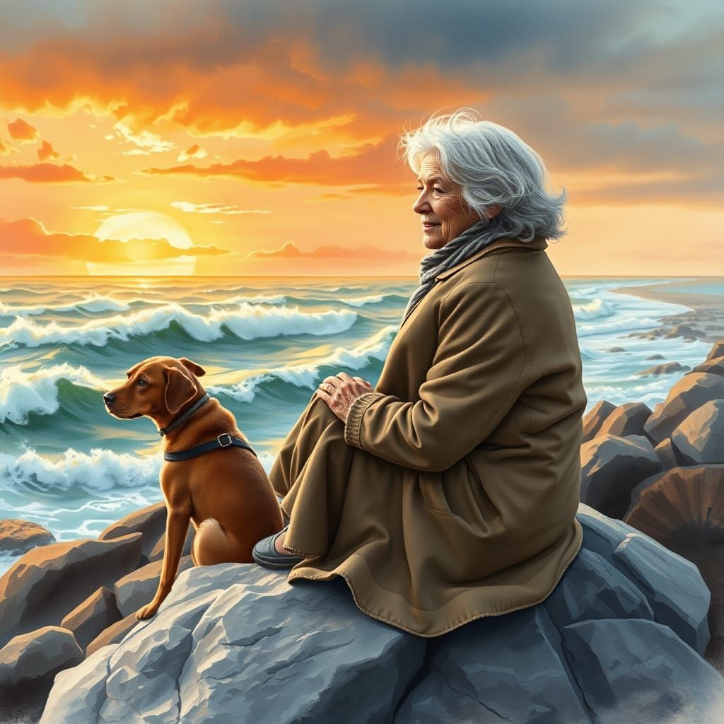 Elderly Woman in Peaceful Contemplation on a Weathered Rock