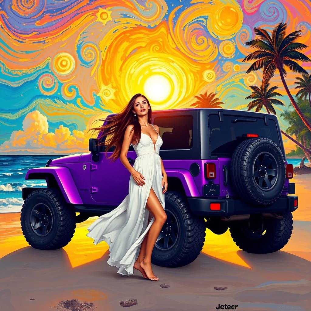 Woman and Purple Jeep at Sunset as Impressionist Painting