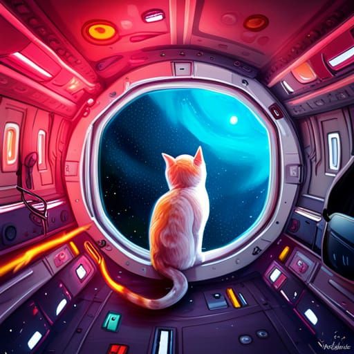 Cute Cat in Spaceship Window, Graffiti Art