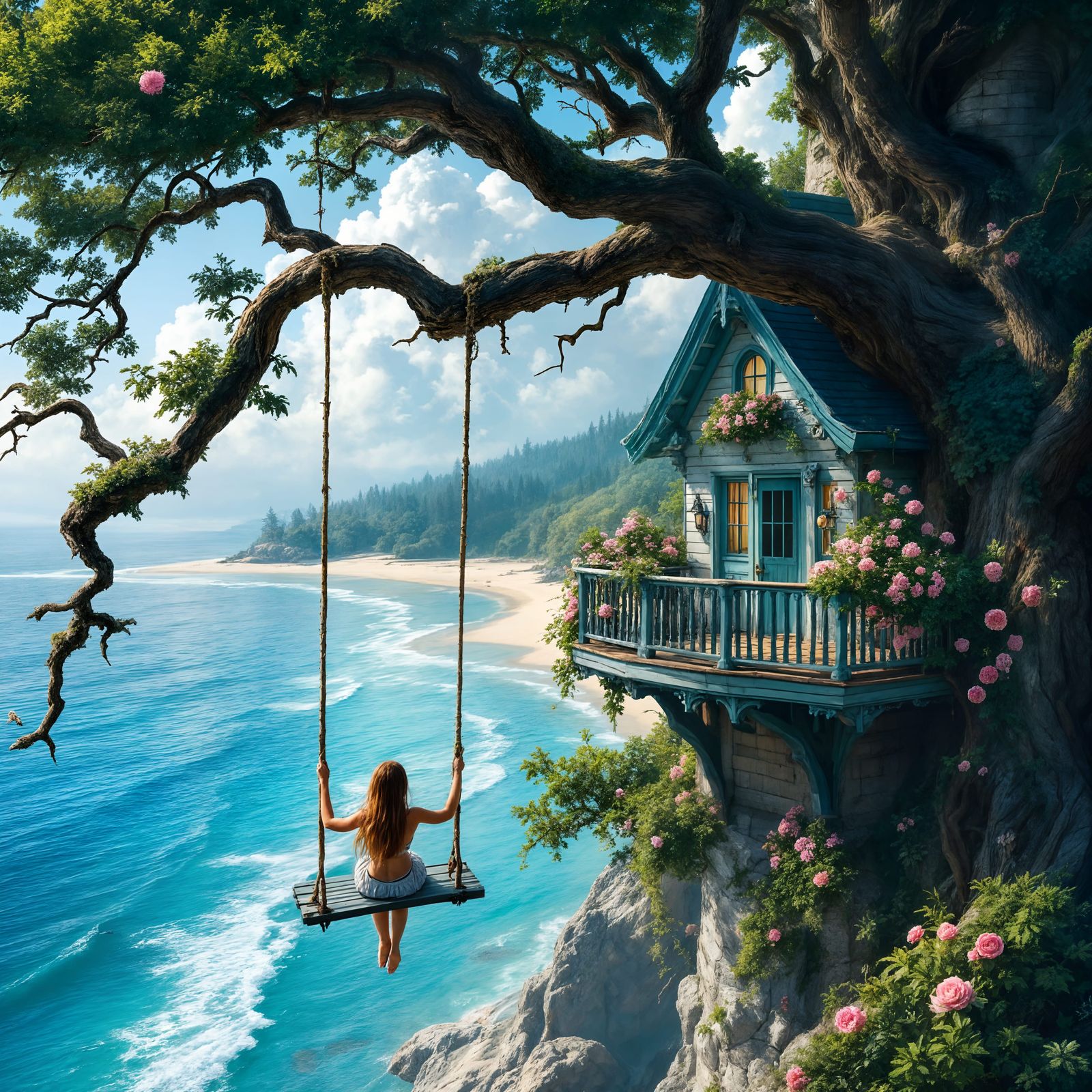 Victorian Mansion Scene with Turquoise Wooden Swing