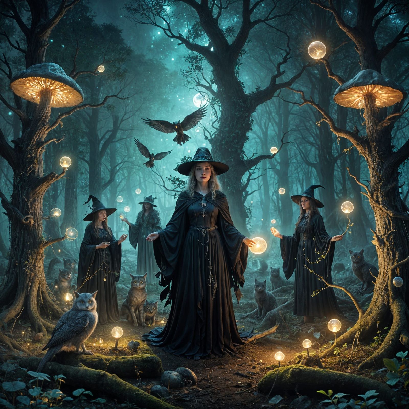 Witches Ritual in Bioluminescent Forest Clearing