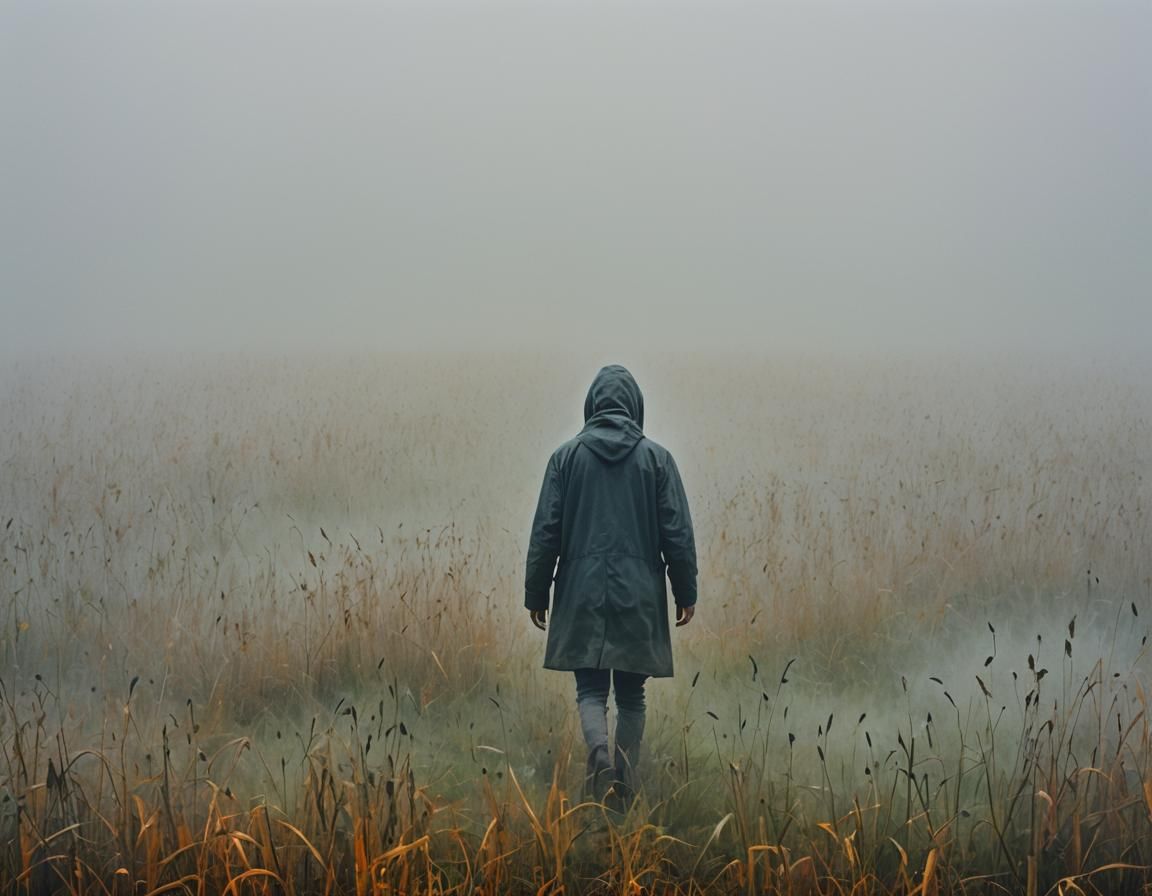 Figure Emerging from Foggy Field in Mixed Media