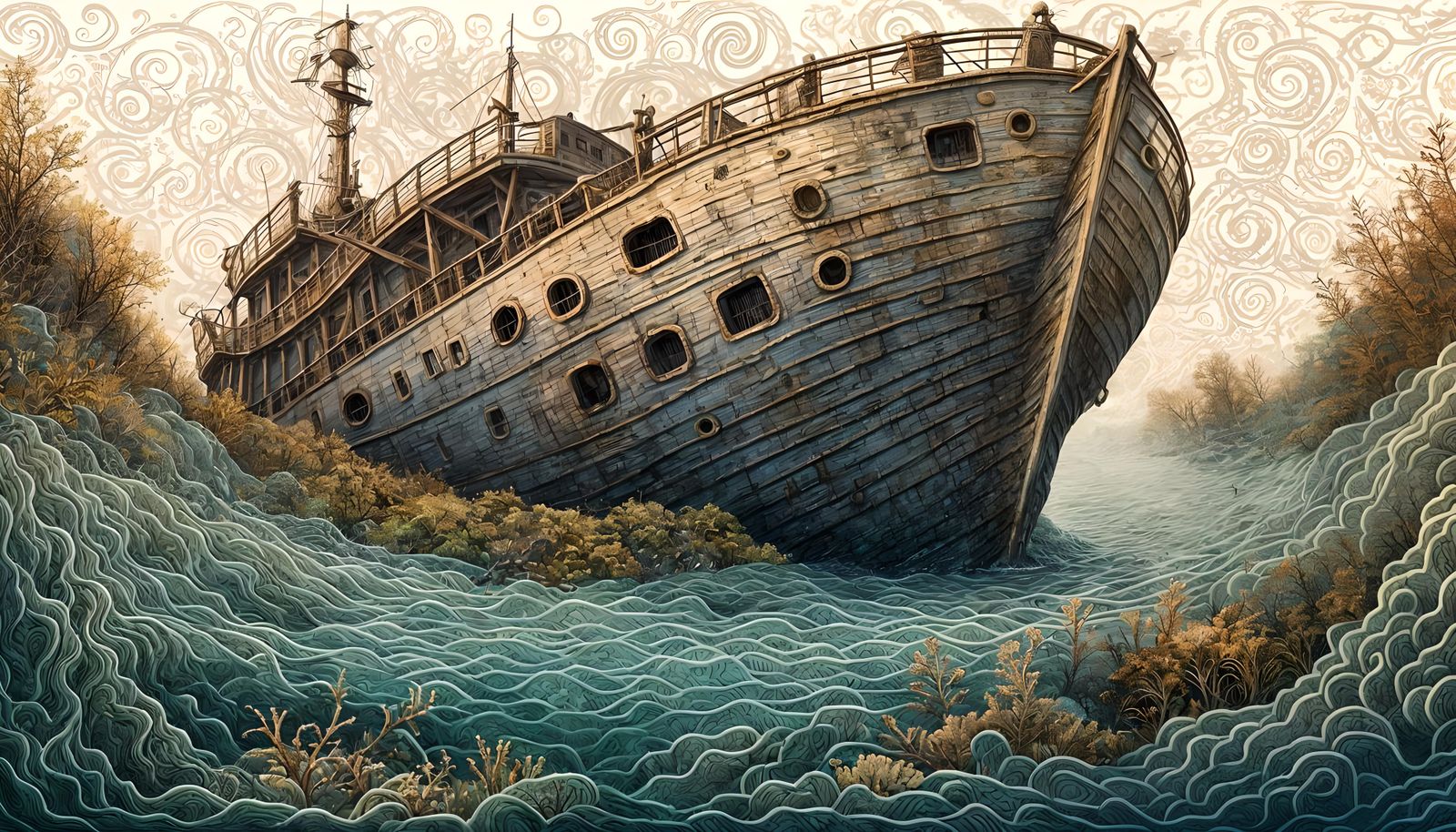 Hyperdetailed Sunken Ship Landscape in Rich Colors