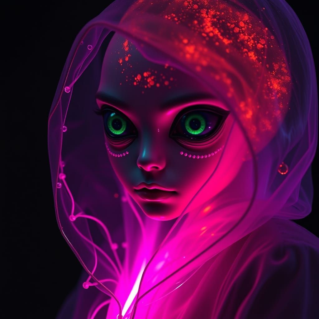 Dreamy Alien Girl in Neon Light, Moody Microscopic Art