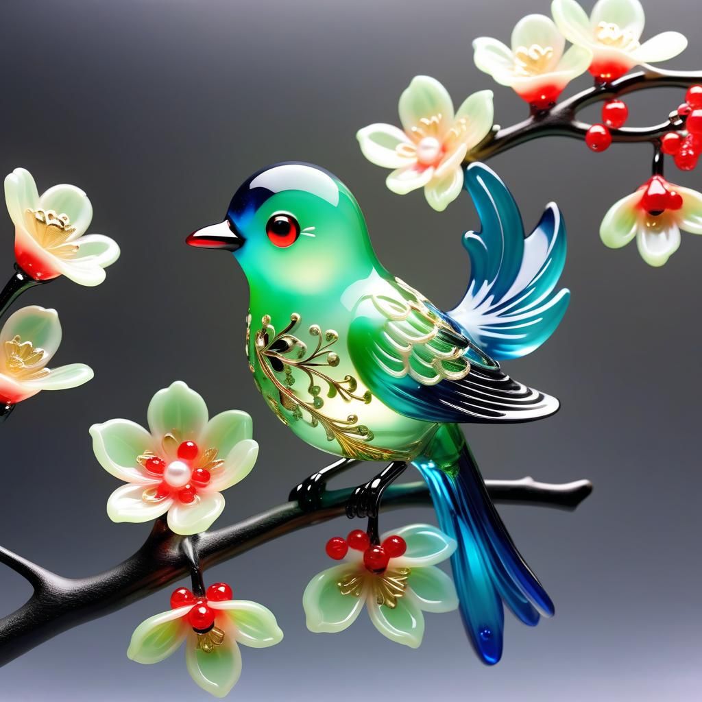 Luminous Glass Bird with Filigree Under Moon