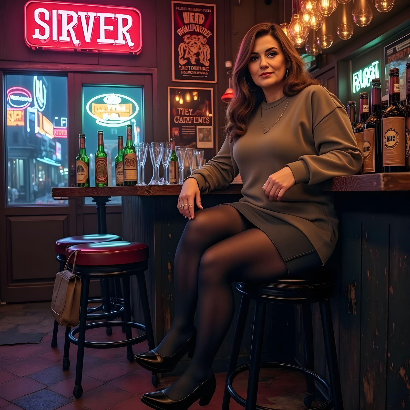 Sorrowful Woman at a Vintage Bar