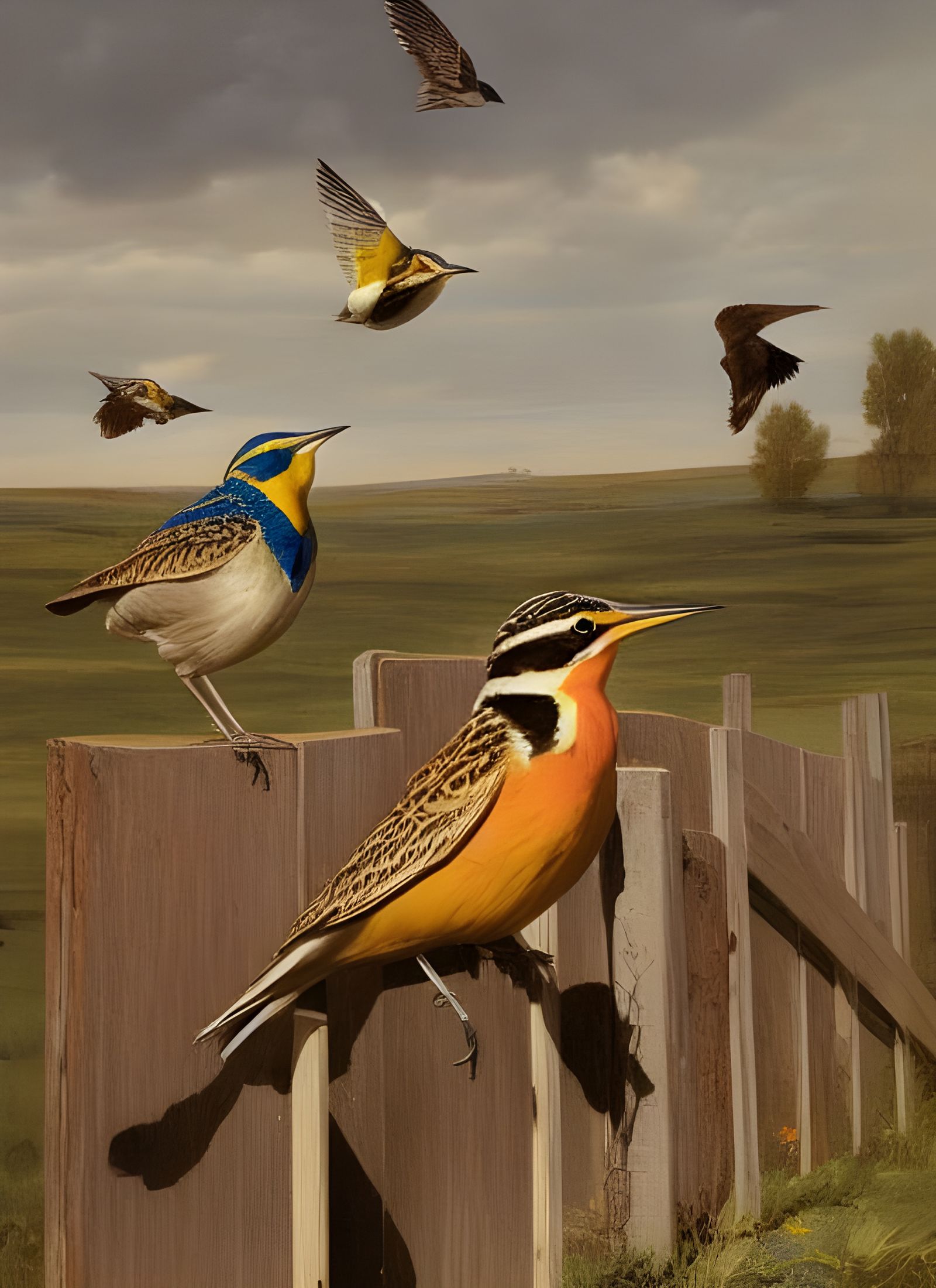 Western Meadowlark on Fence, Hyperrealist Bird Art