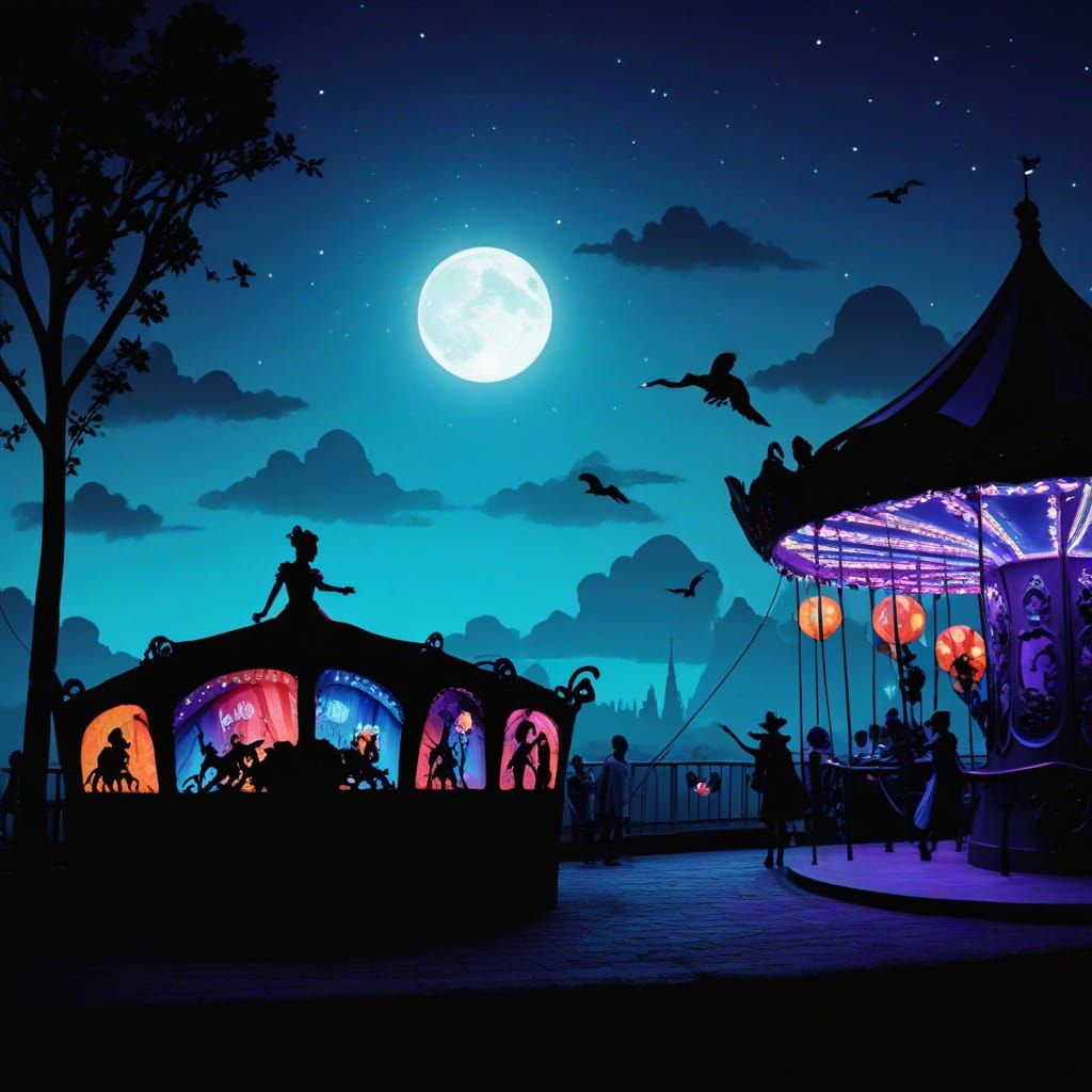 Mischievous Woman Rides Whimsical Carnival Carousel