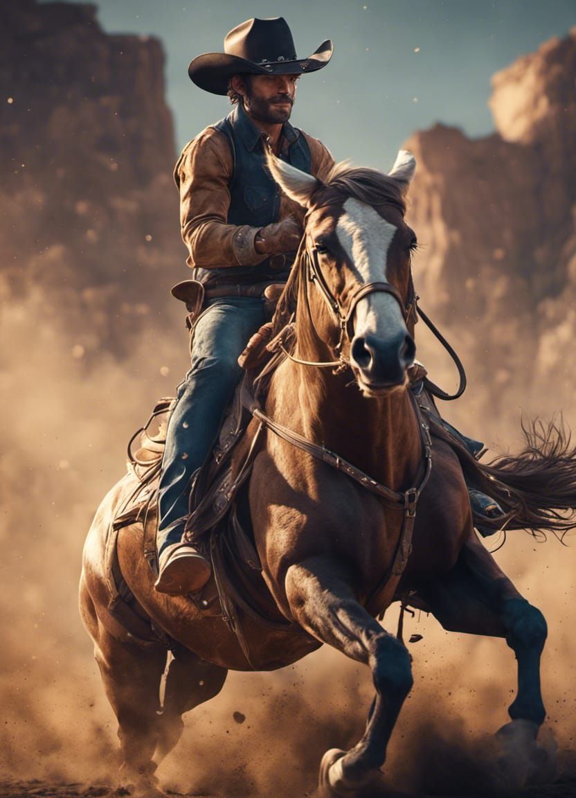 Rodeo Cowboy on Bucking Horse in Hyperrealistic Style