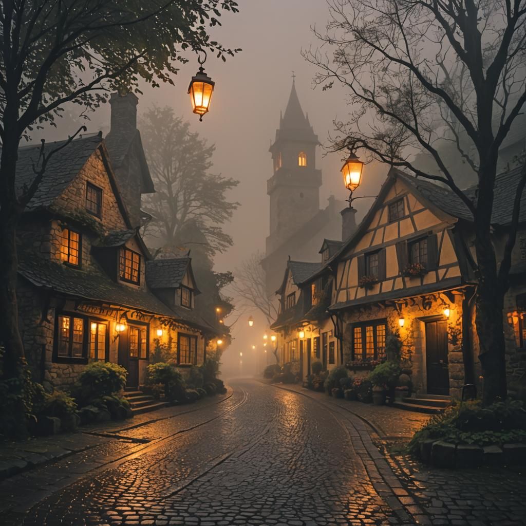 Ethereal Village Inn in Penumbra, Watercolor Sketch