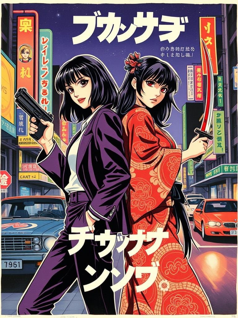 Retro Manga Heroines in Neon Cityscape