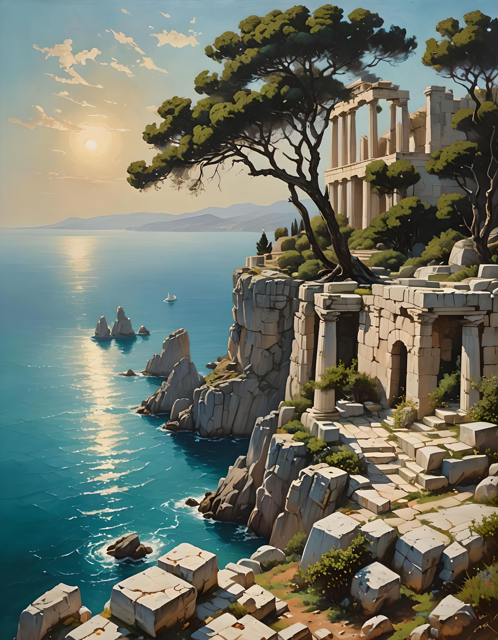 Aegean Temple Cliffside: Oil Painting
