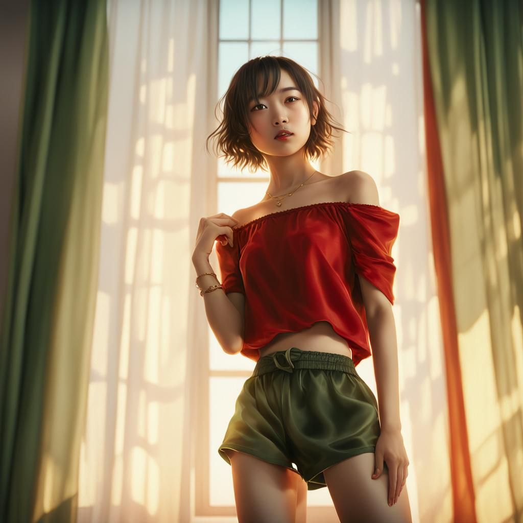 Japanese Girl Portrait with Amber Eyes in Golden Light