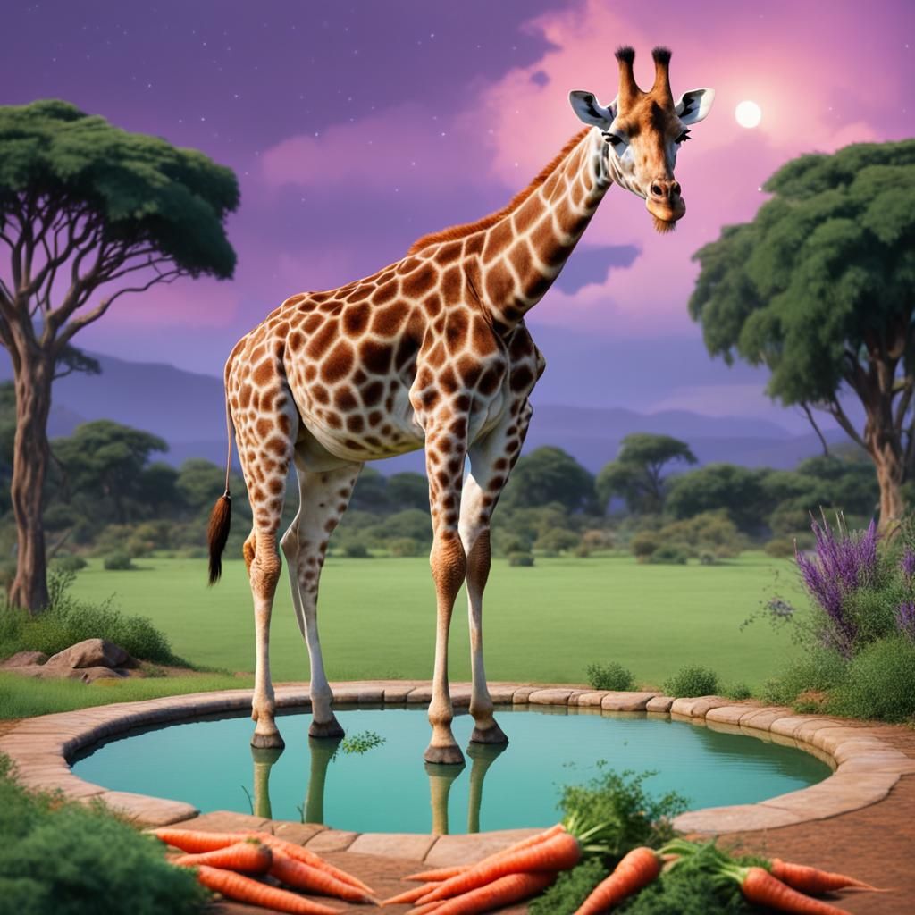 Worried Giraffe on Green Pool with Purple Sky