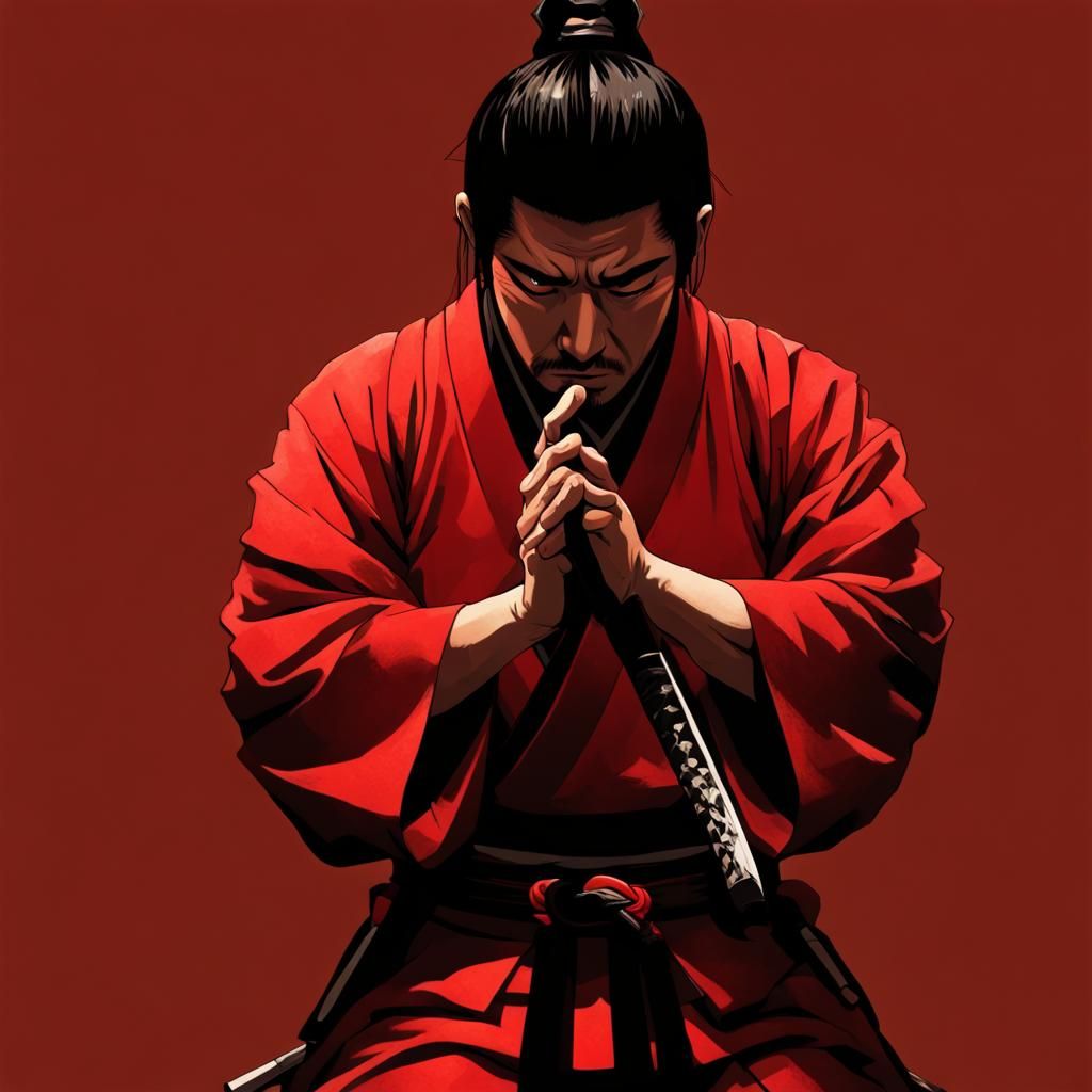 A japanese man praying with a samurai sword between his hands. The katana hilt faces up and the blade faces down. He is ...