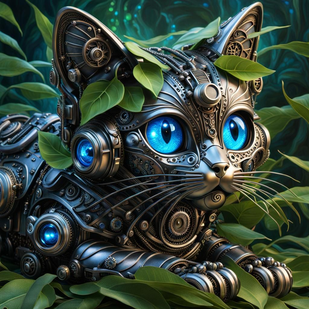 Steampunk Robot Kitten Covered in Leaves