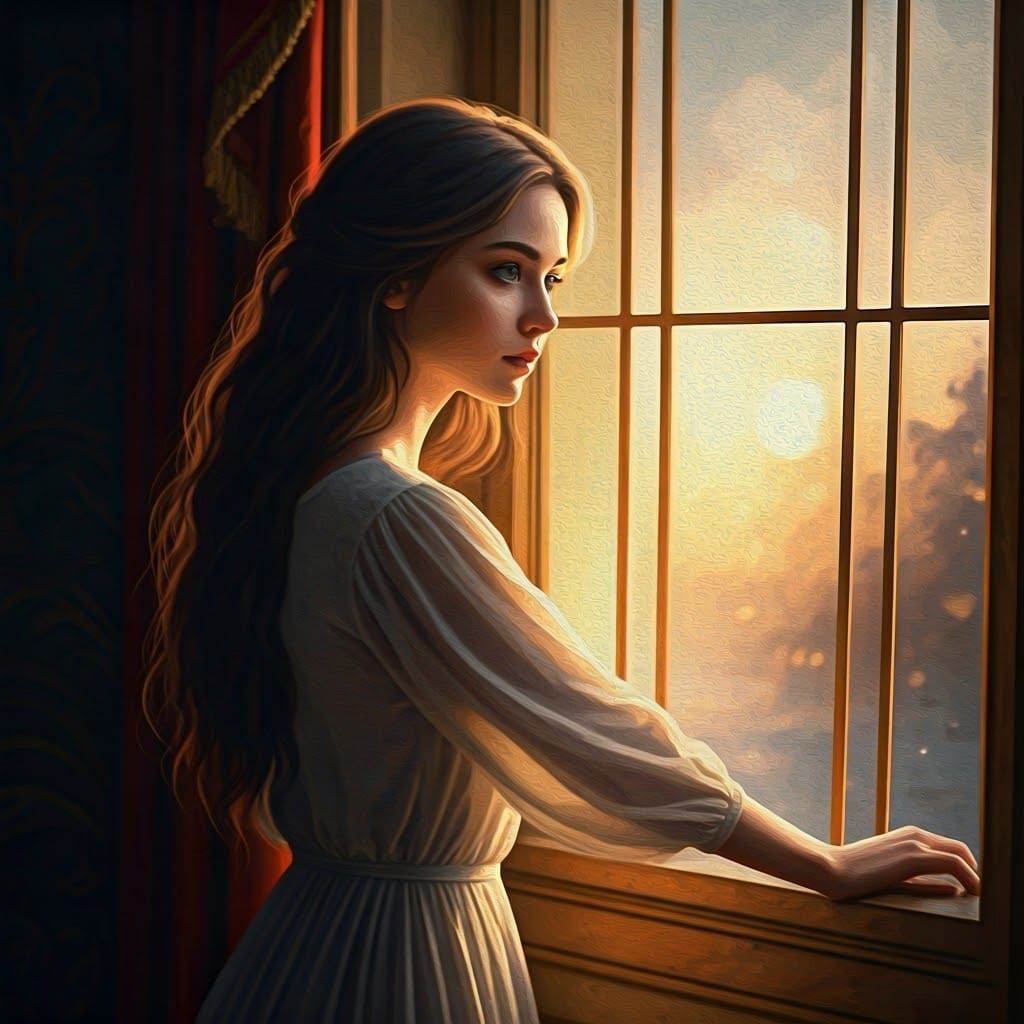 Young Woman Gazing at Moonlit Landscape as Gouache Painting