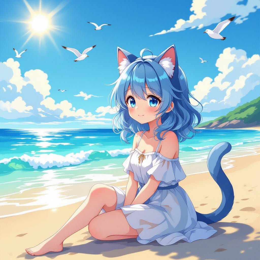 Chibi Anime Girl on Serene Beach