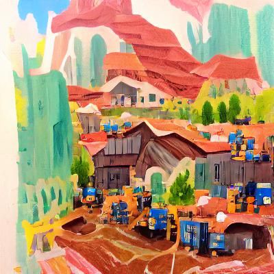 Detailed Gouache Painting of a Mining Town