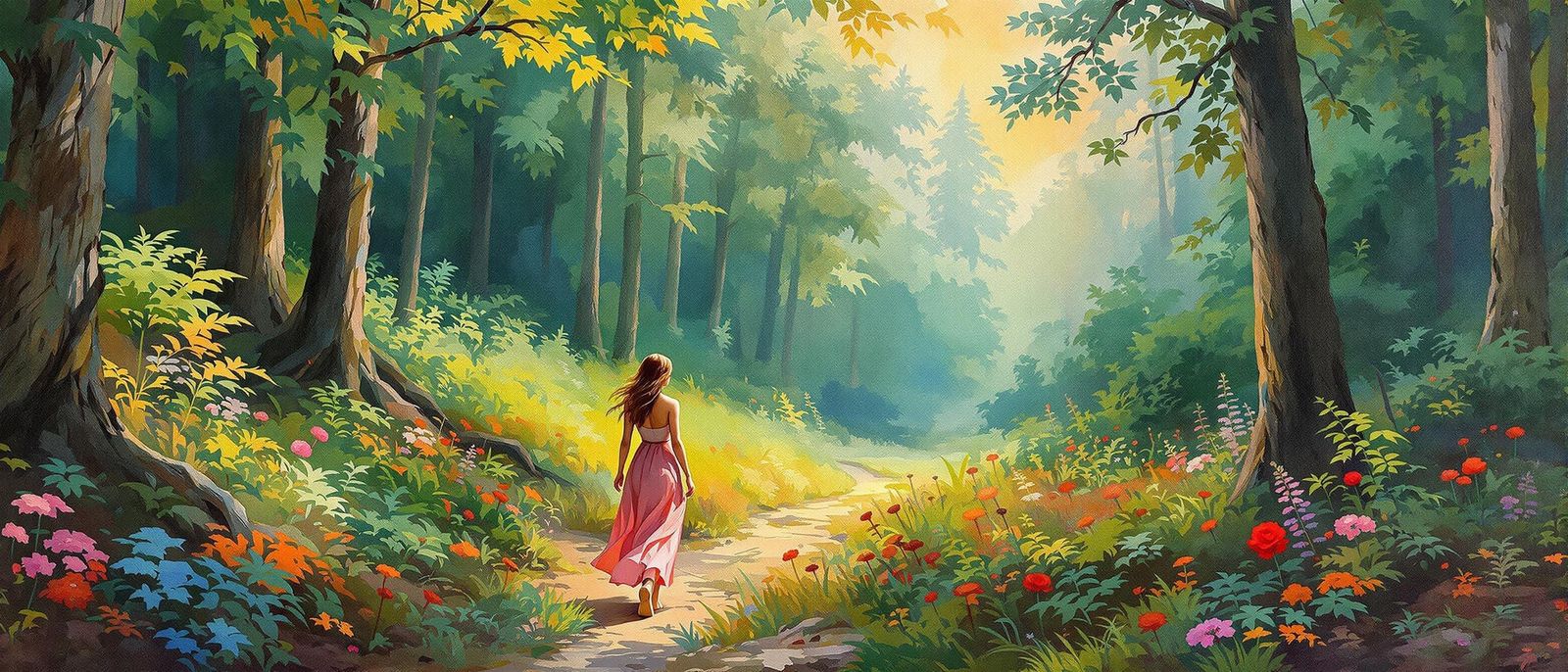 Woman in Forest: Gouache Painting with Impasto Effect