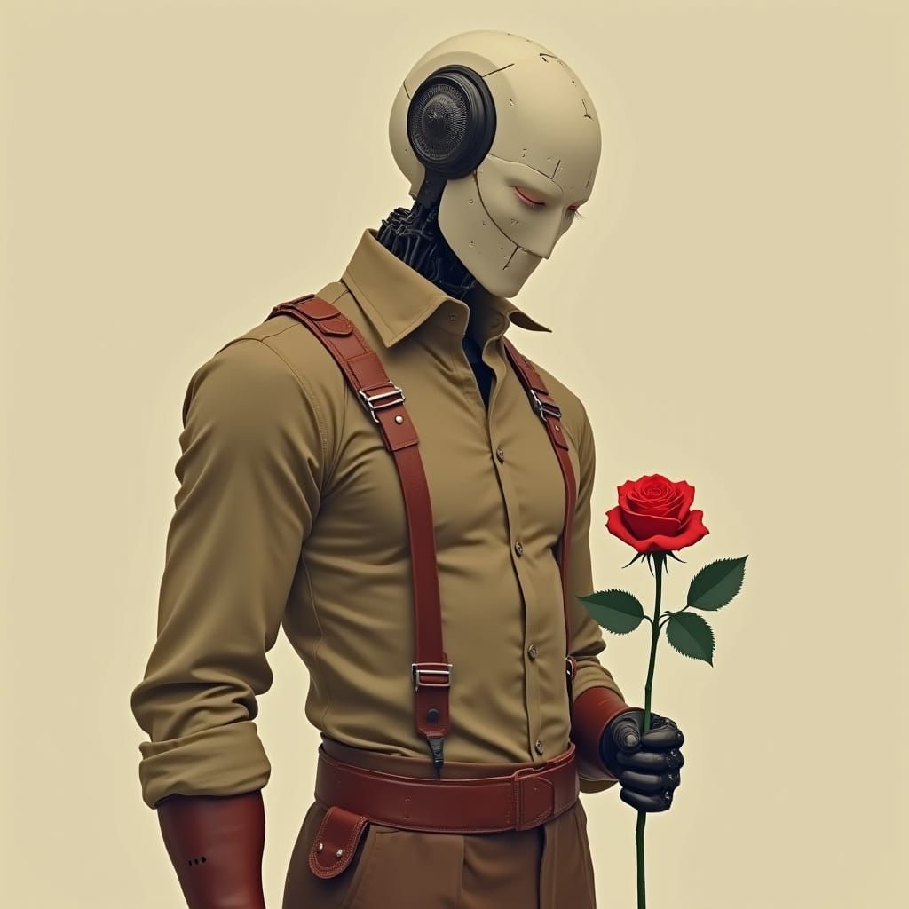 Masculine Robot Holds Rose in Minimalist Style