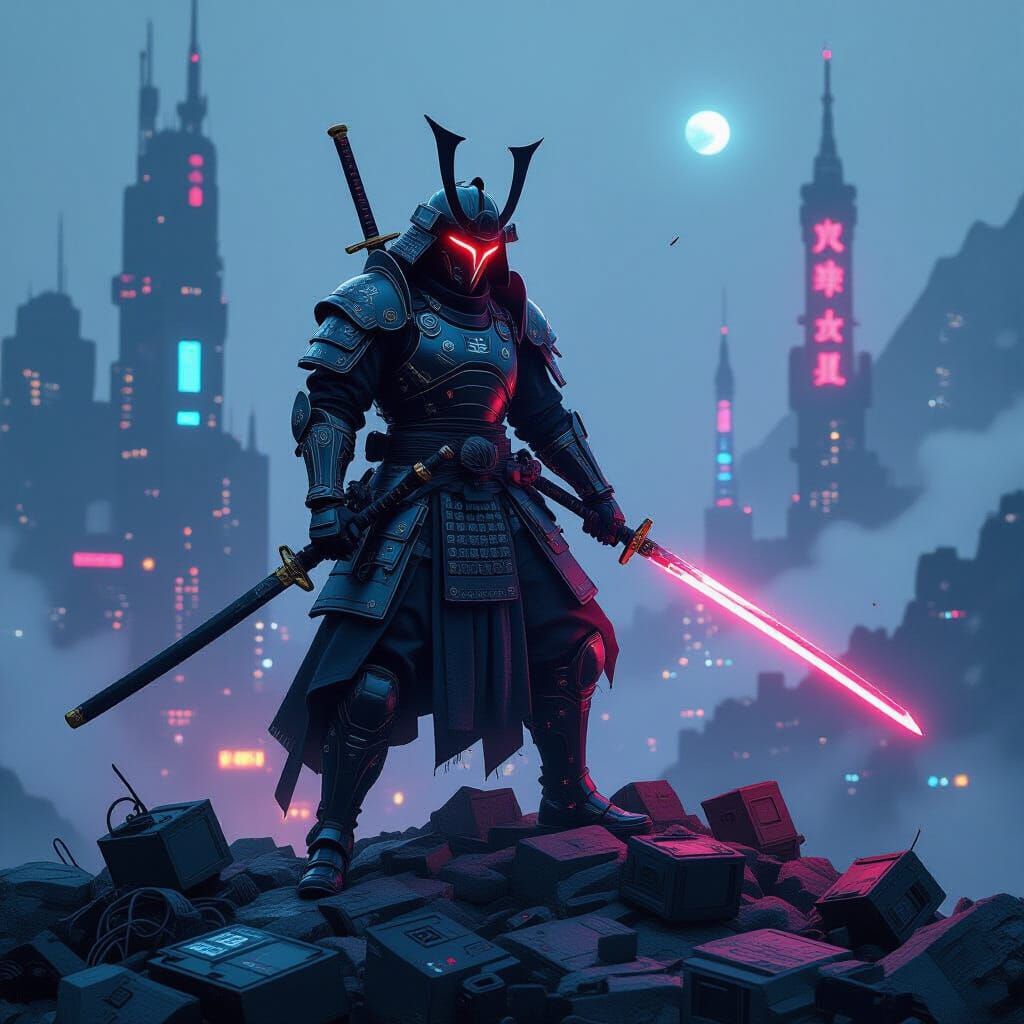Biomechanical Samurai Warrior in Cyberpunk Landscape