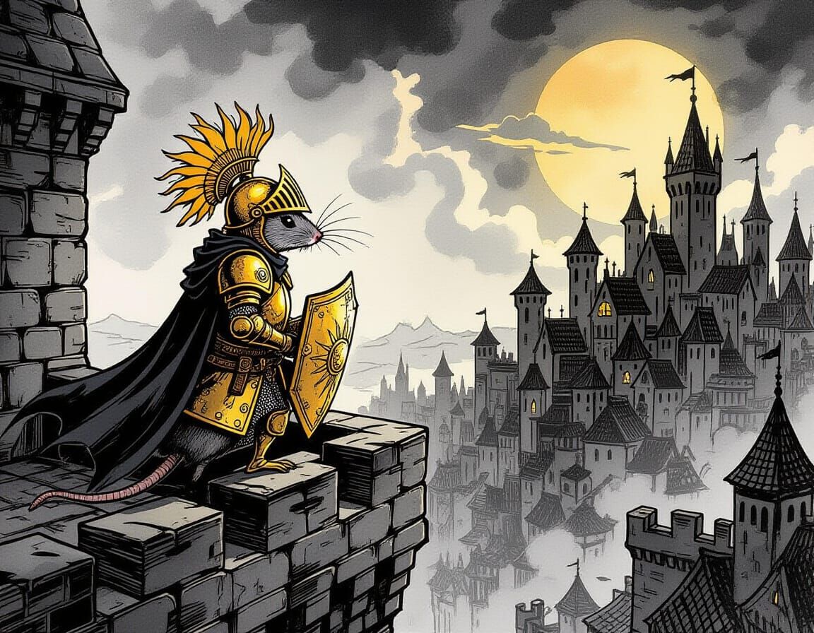 Mouse Knight in Sun Armor on Fantasy City Parapet