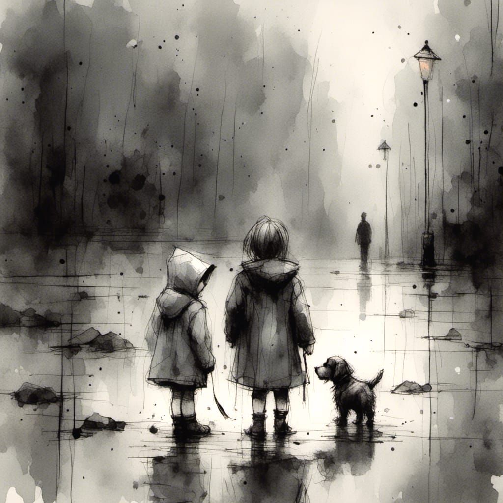 Maltese Puppy and Girl in Raincoat, Charcoal Art