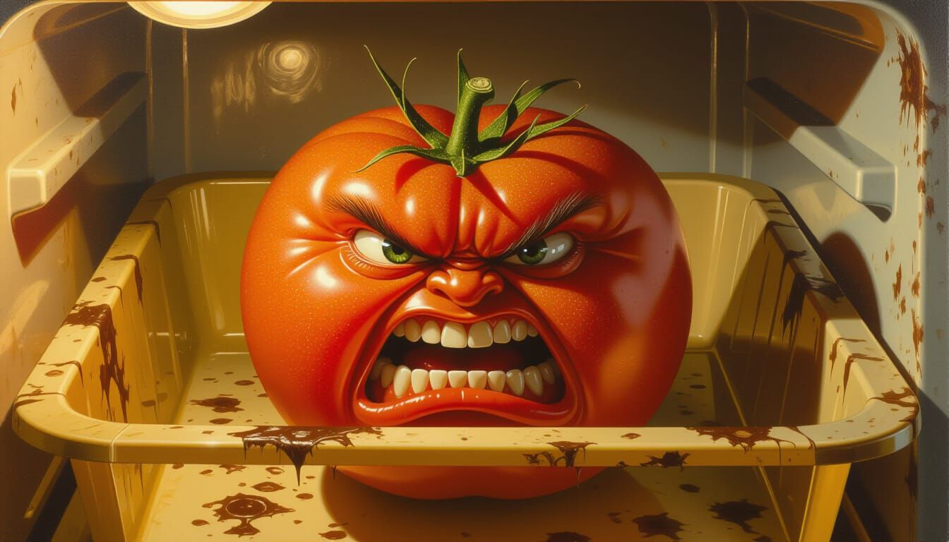 Furious Tomato in Vintage Refrigerator Drawer
