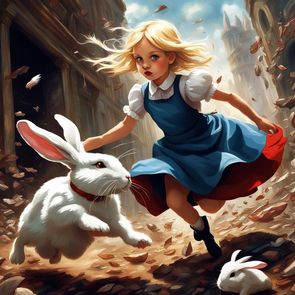 Girl Chasing Rabbit into Hole, Fantasy Art