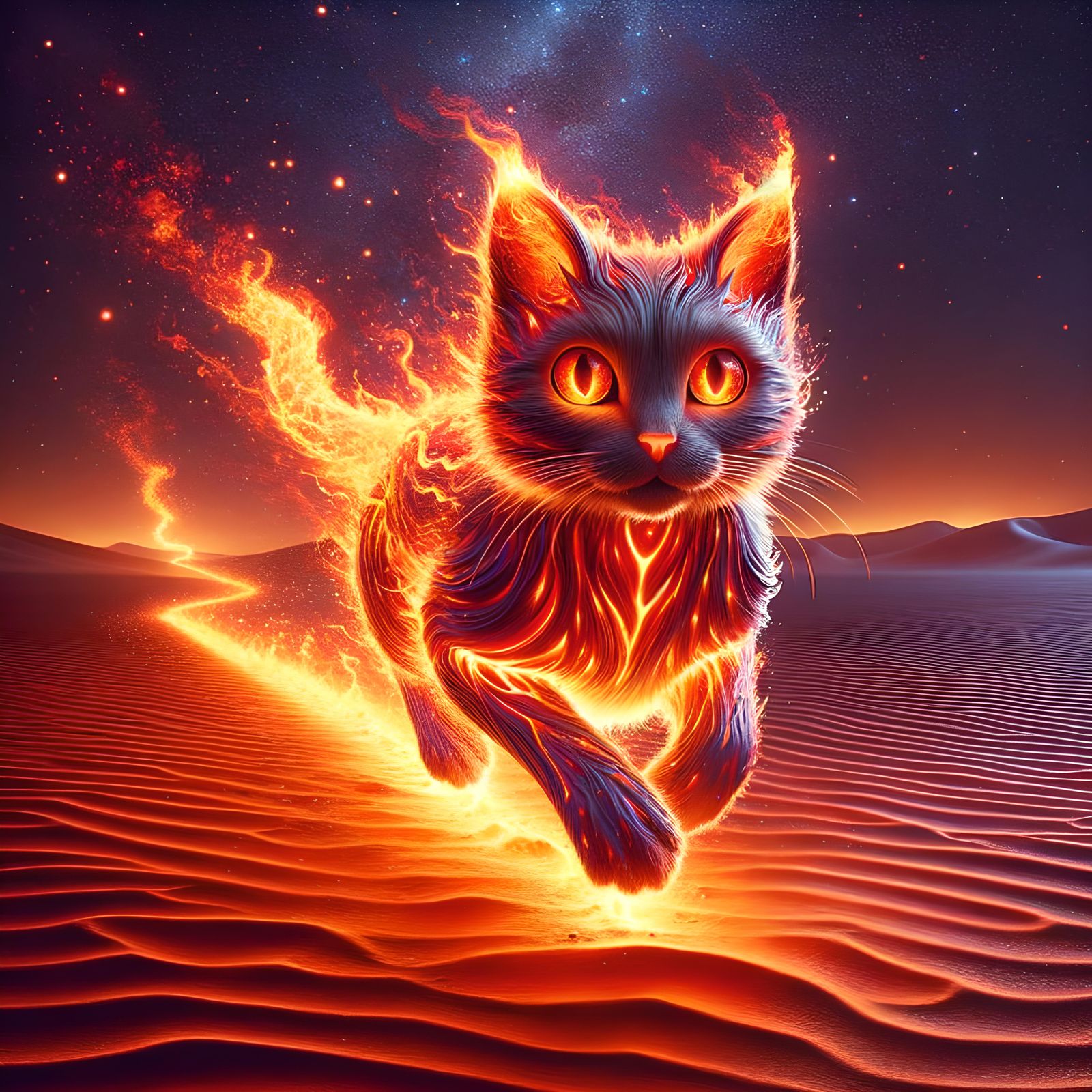 Lava Cat Racing Through Desert, as Digital Art