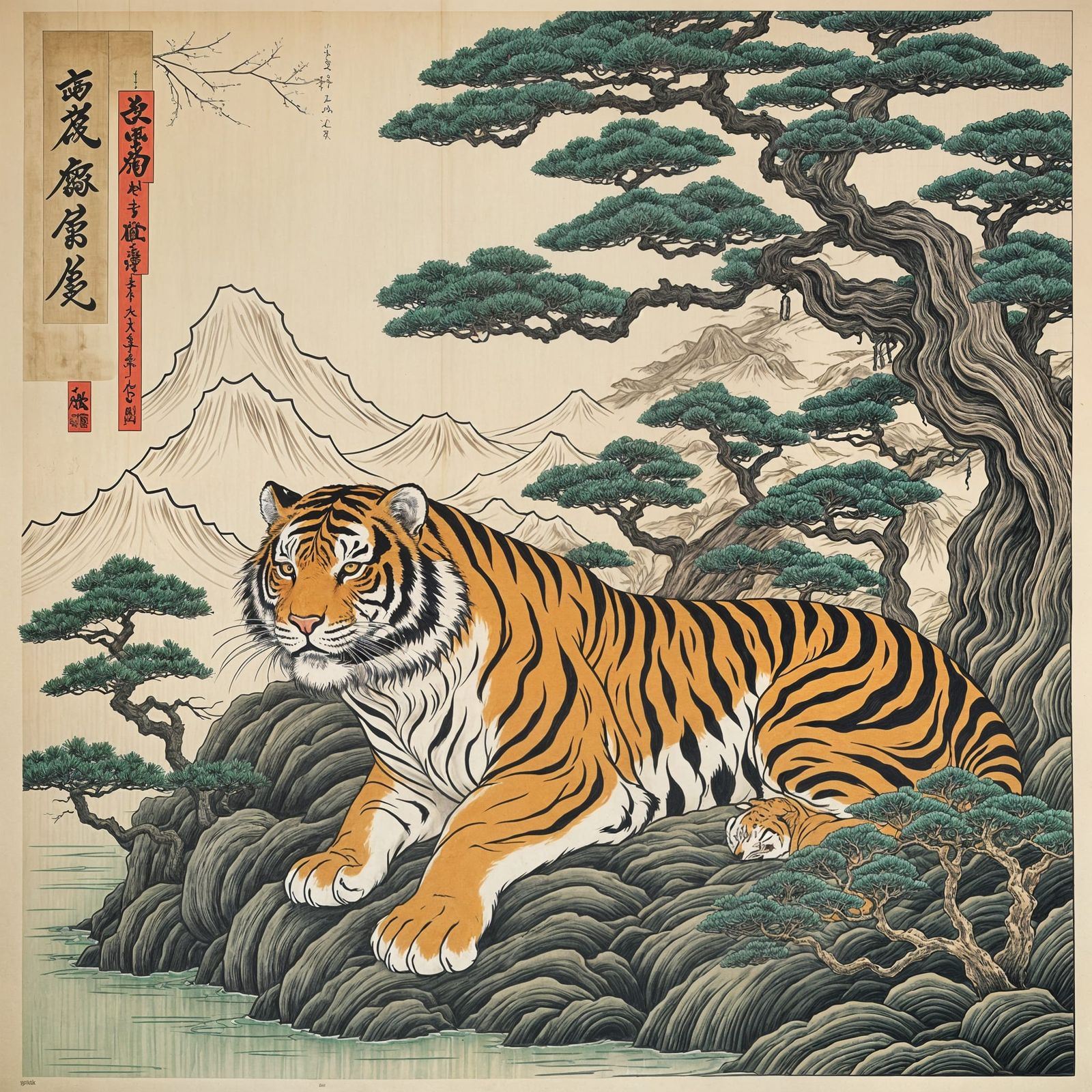 Ukiyo-e Tiger in Japanese Zen Garden