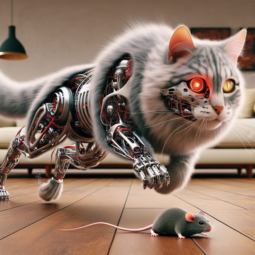 Robotic Cat Pursues Mouse in Living Room