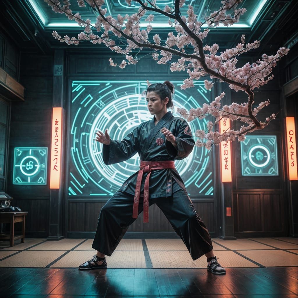 Cyberpunk Warrior in Neon Dojo: A Cinematic Film Still